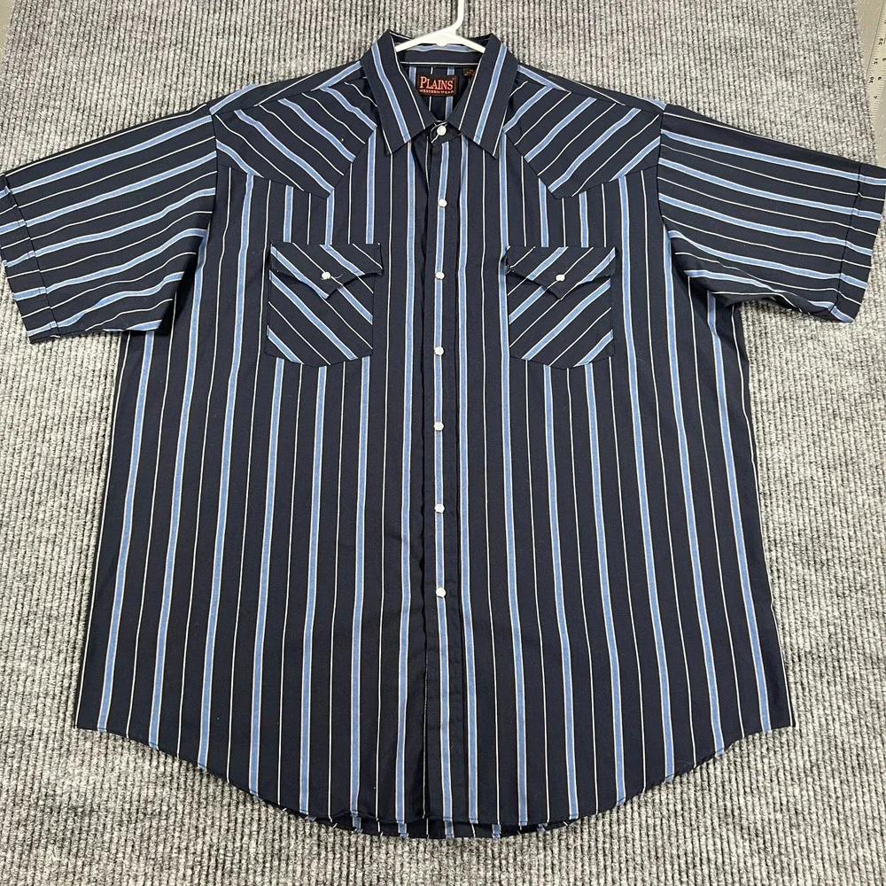 Plains Western Wear Shirt‎ Mens XL Extra Large Blue Striped Short Sleeve Snap